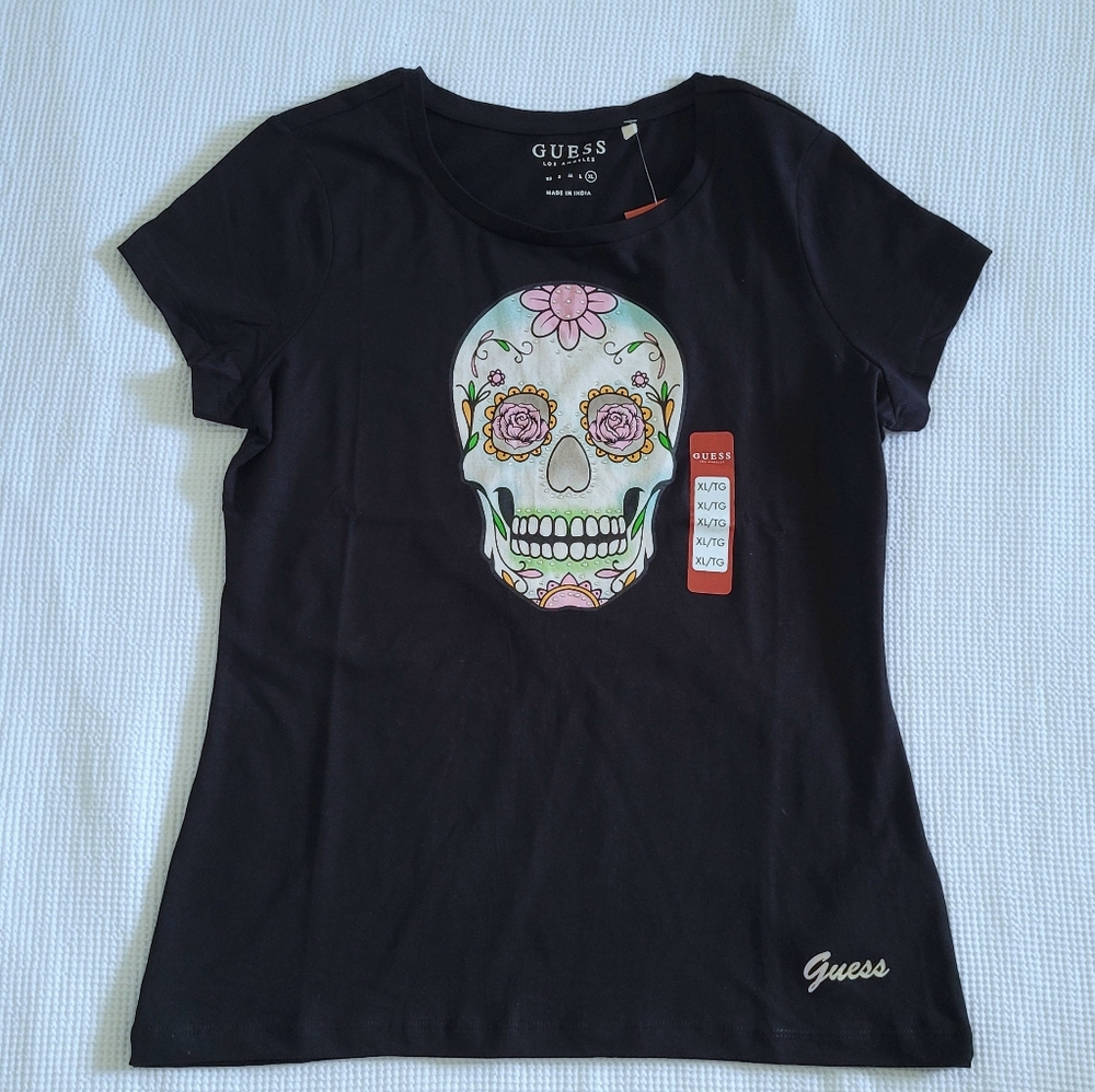 Guess❓Sugar Skull💀 Jet Black🖤 Graphic Skully Tee - NWT
